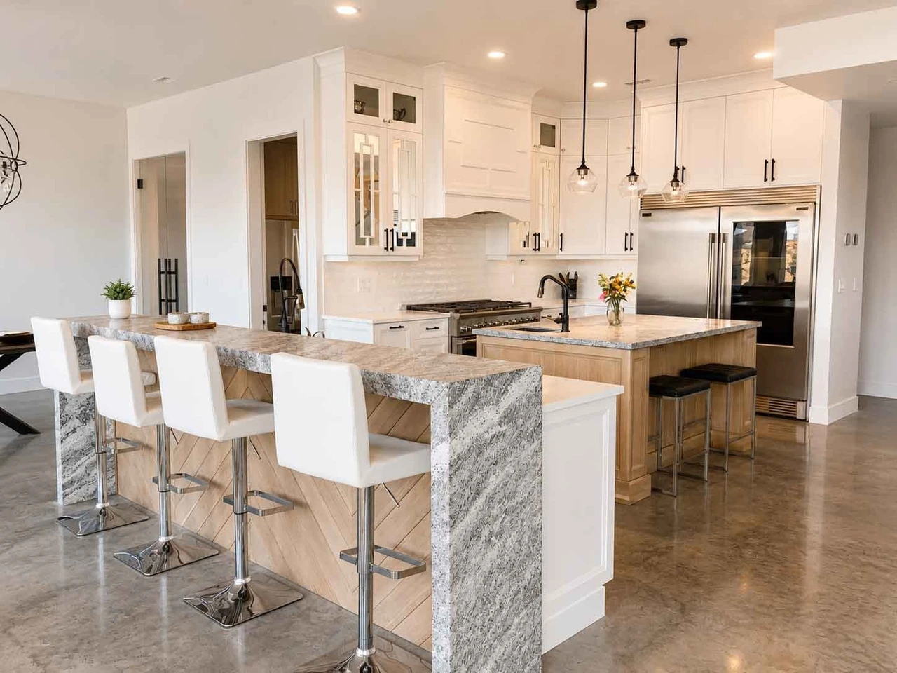 Stellar Craft Cabinetry Inc. modern kitchen with white custom cabinets, island, and pendant lighting