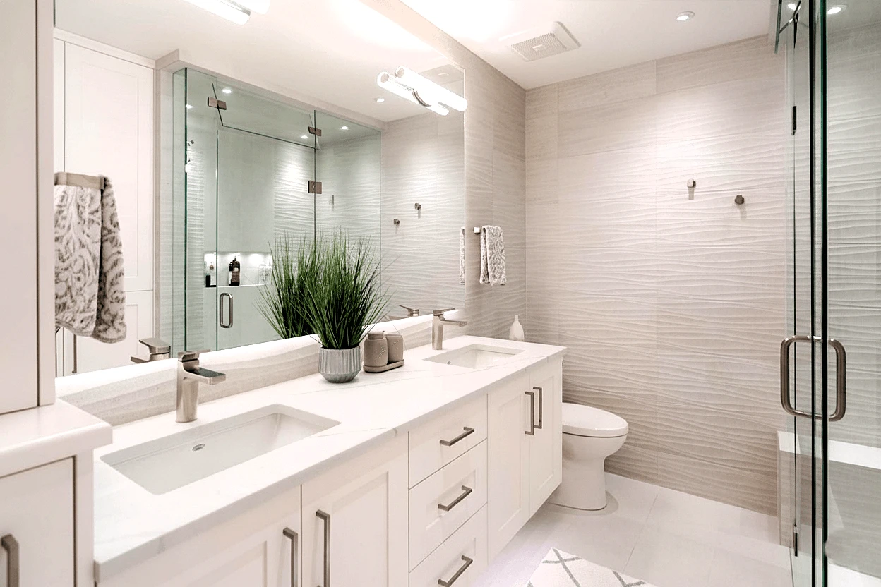 Stellar Craft Cabinetry Inc. luxury white bathroom vanity with double sinks and modern cabinets