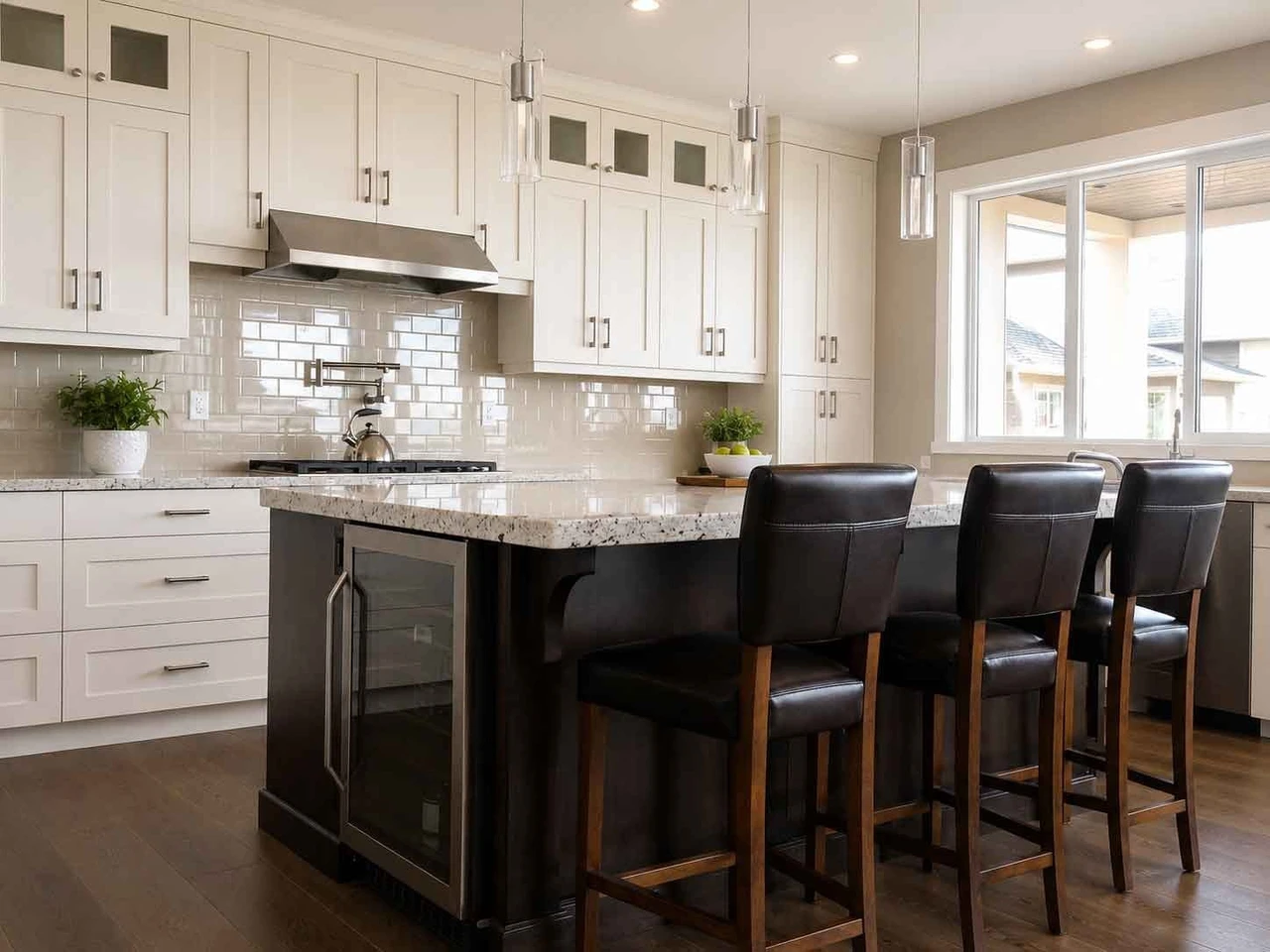 Stellar Craft Cabinetry Inc. modern white kitchen with dark island and bar stools