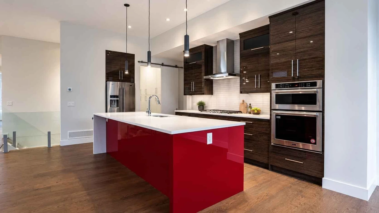 Stellar Craft Cabinetry Inc. modern kitchen with dark wood cabinetry and red island