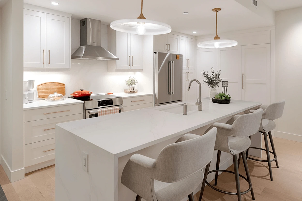 White custom kitchen cabinetry and island from Stellar Craft’s gallery