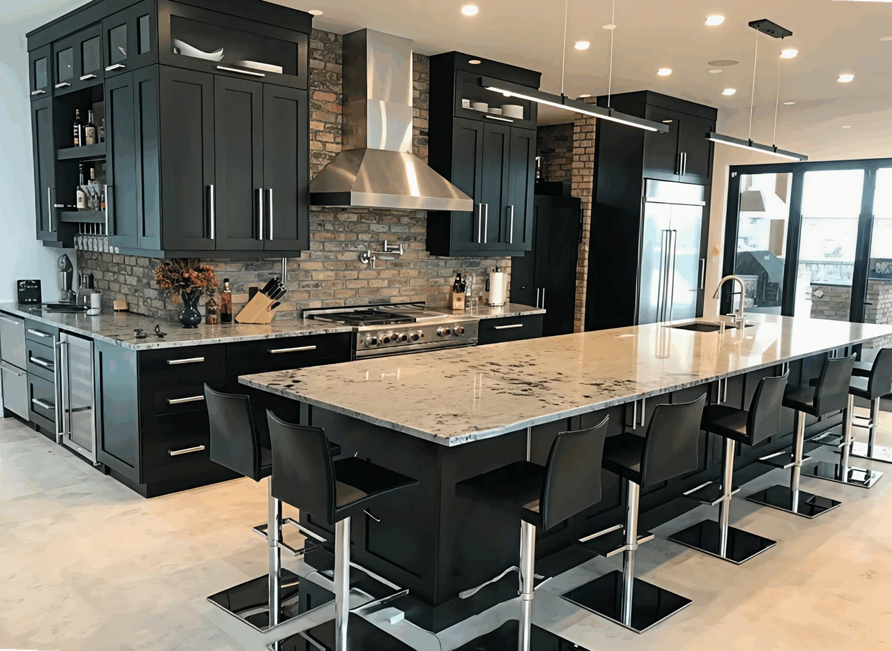 Stellar Craft Cabinetry Inc. modern kitchen with dark custom cabinetry, stone island countertop, and stainless hood