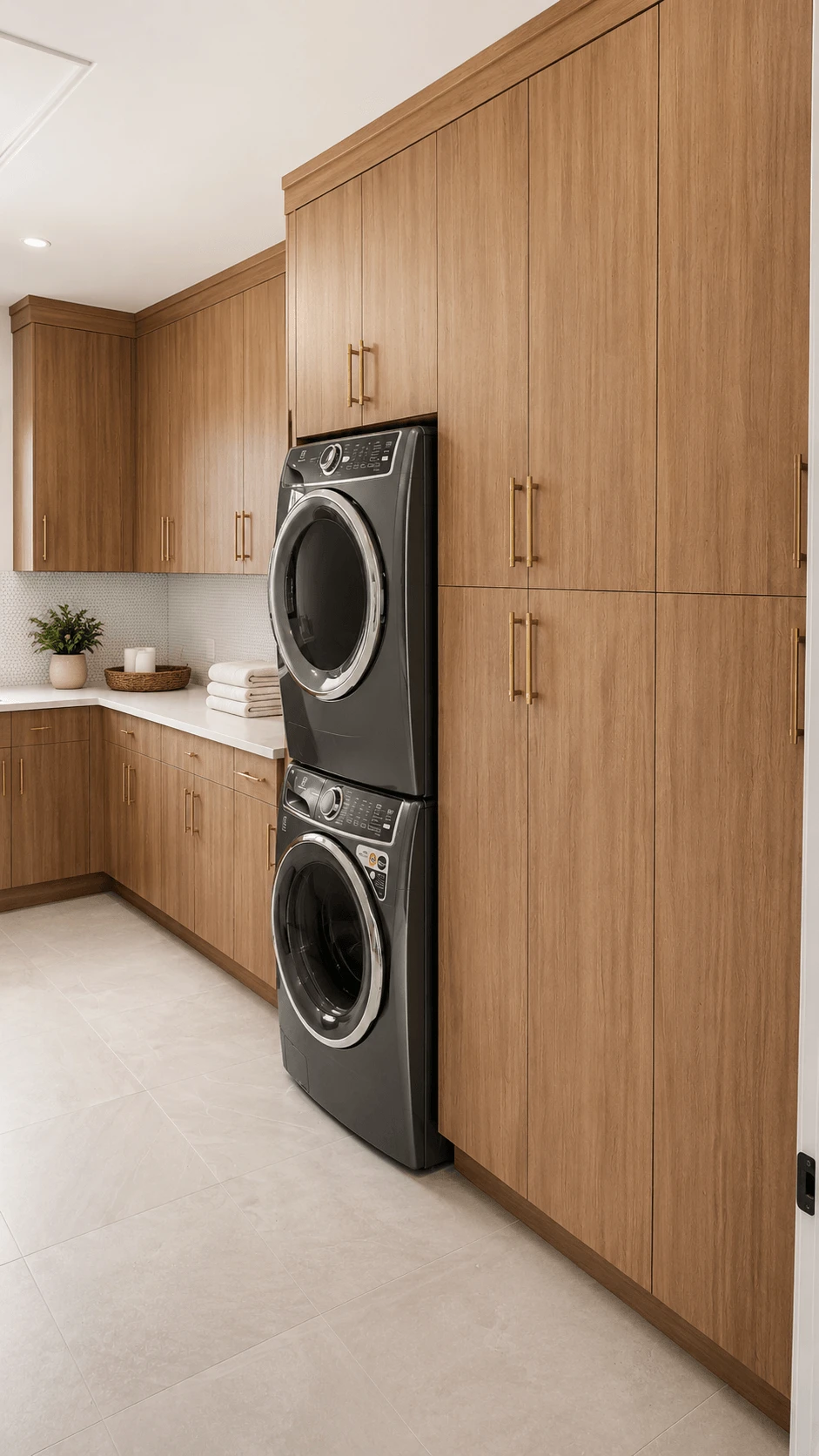 Stellar Craft Cabinetry Inc. custom wood cabinetry with built-in laundry center and washer-dryer in modern laundry room