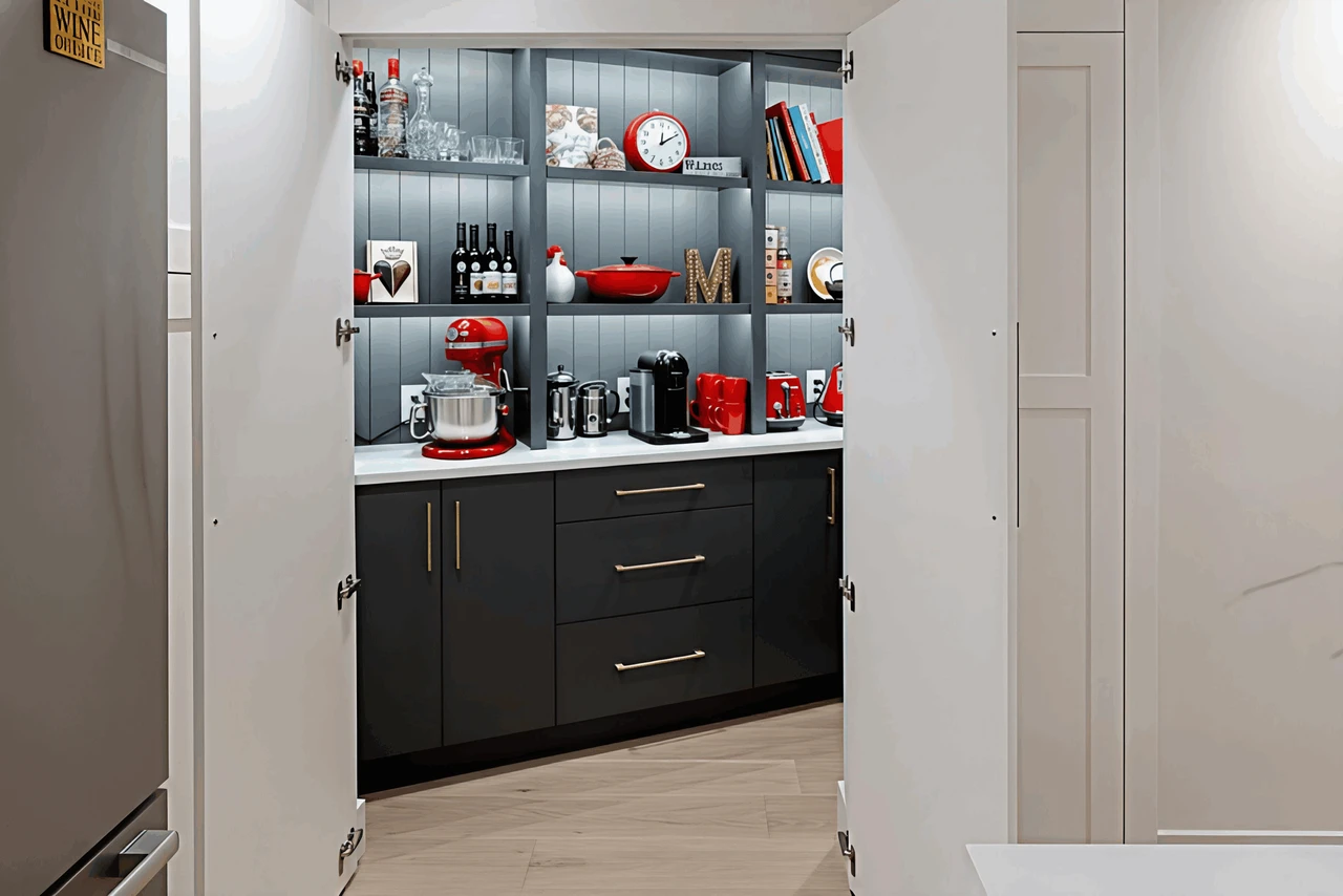 Stellar Craft Cabinetry Inc. kitchen cabinet with open pantry doors and built-in shelving display