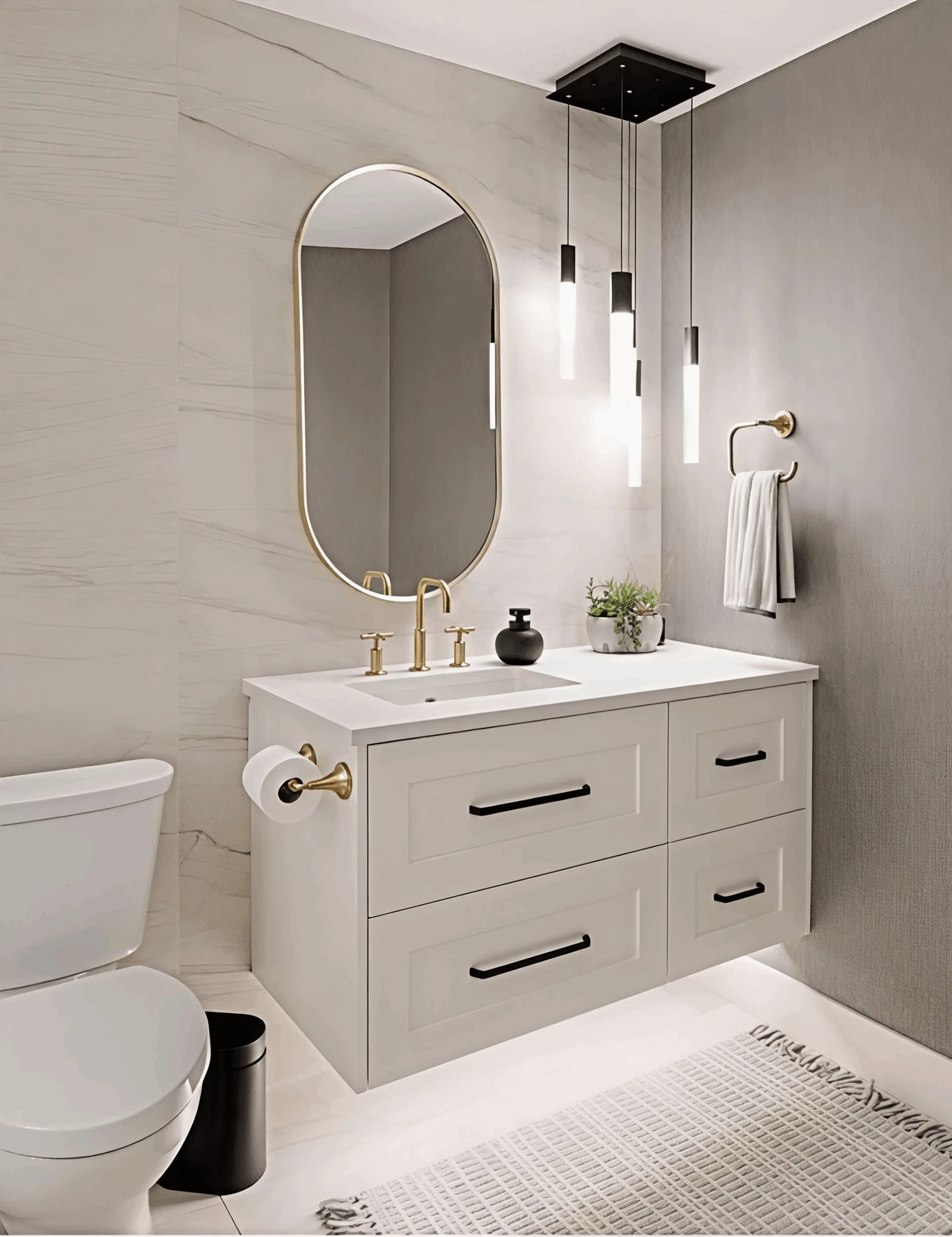 Stellar Craft Cabinetry Inc. bathroom vanity with white shaker cabinets, round mirror, and modern pendant lighting