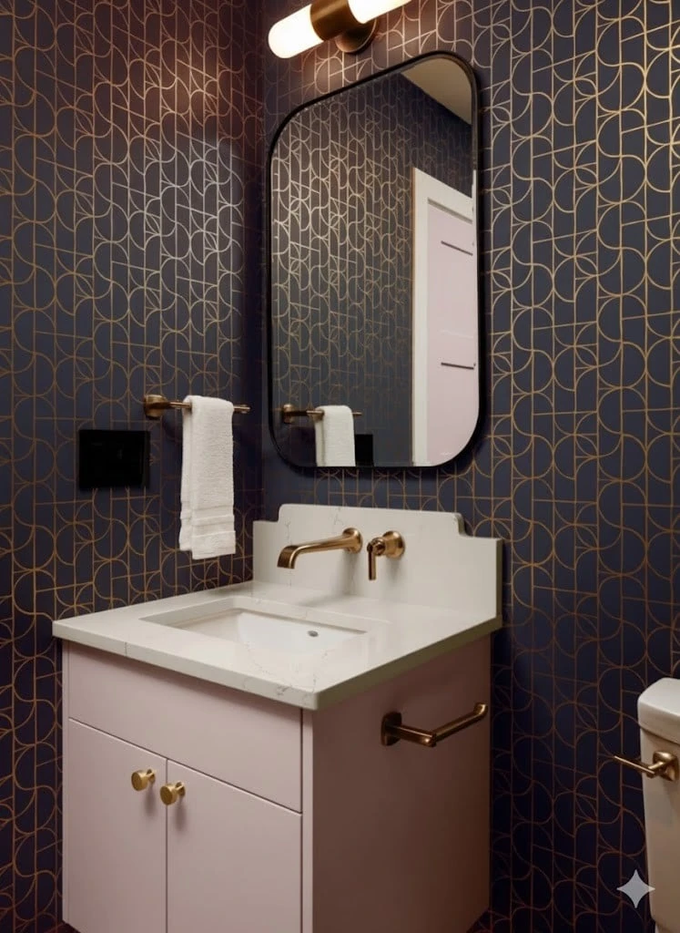 Stellar Craft Cabinetry Inc. modern bathroom vanity with white sink and gold fixtures