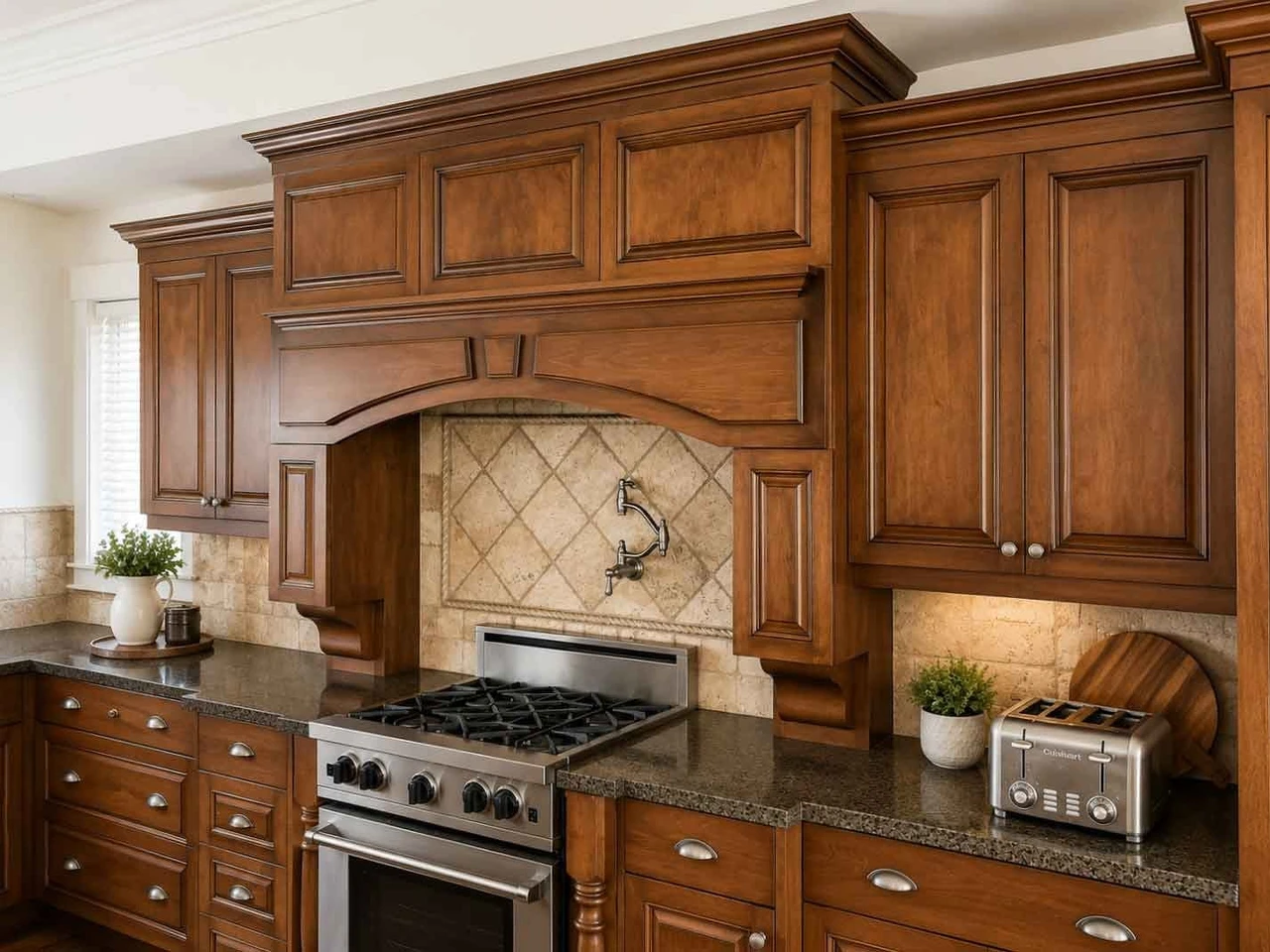 Stellar Craft Cabinetry Inc. custom kitchen cabinetry with arched wood hood and granite countertops