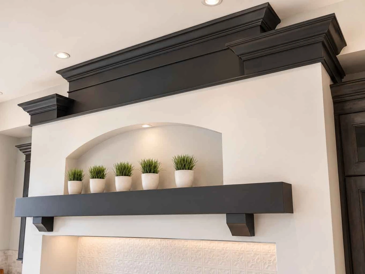 Stellar Craft Cabinetry Inc. custom dark wood floating cabinet and shelves with plants in a modern kitchen
