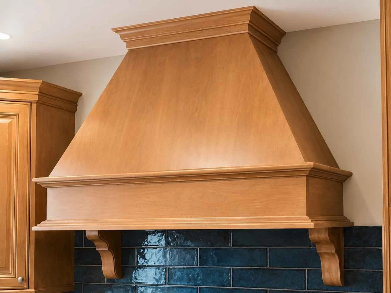 Stellar Craft Cabinetry Inc. custom wood hood vent over tiled backsplash