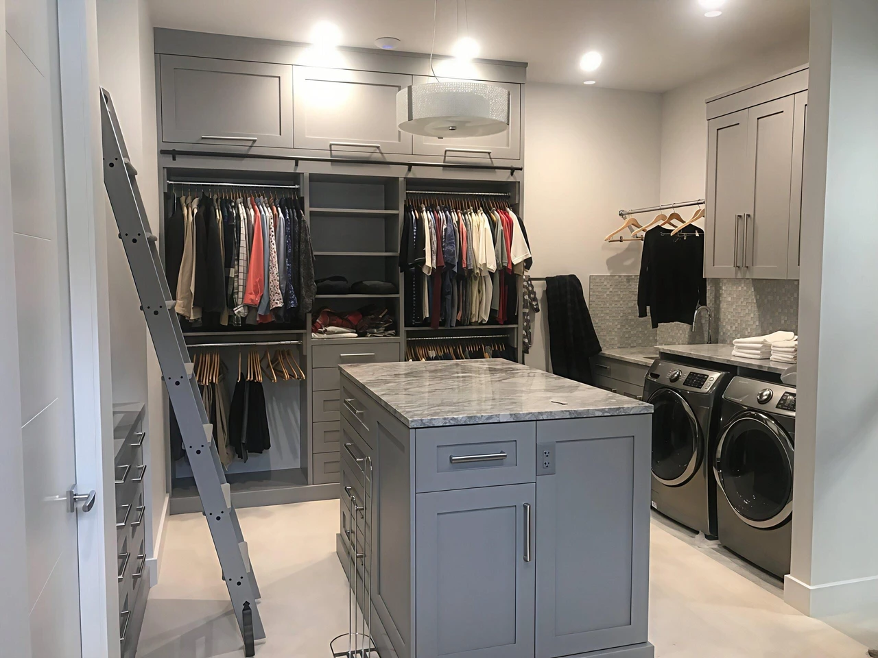 Stellar Craft Cabinetry Inc. custom built-in laundry and closet cabinetry with countertop, drawers, and hanging rods