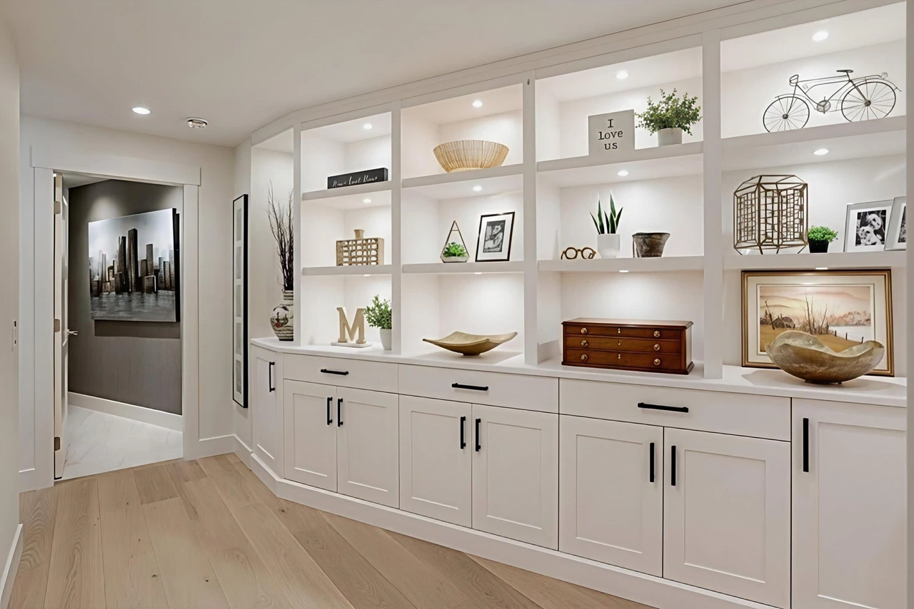 Stellar Craft Cabinetry Inc. custom built-in white cabinet and shelving display in a bright modern living space